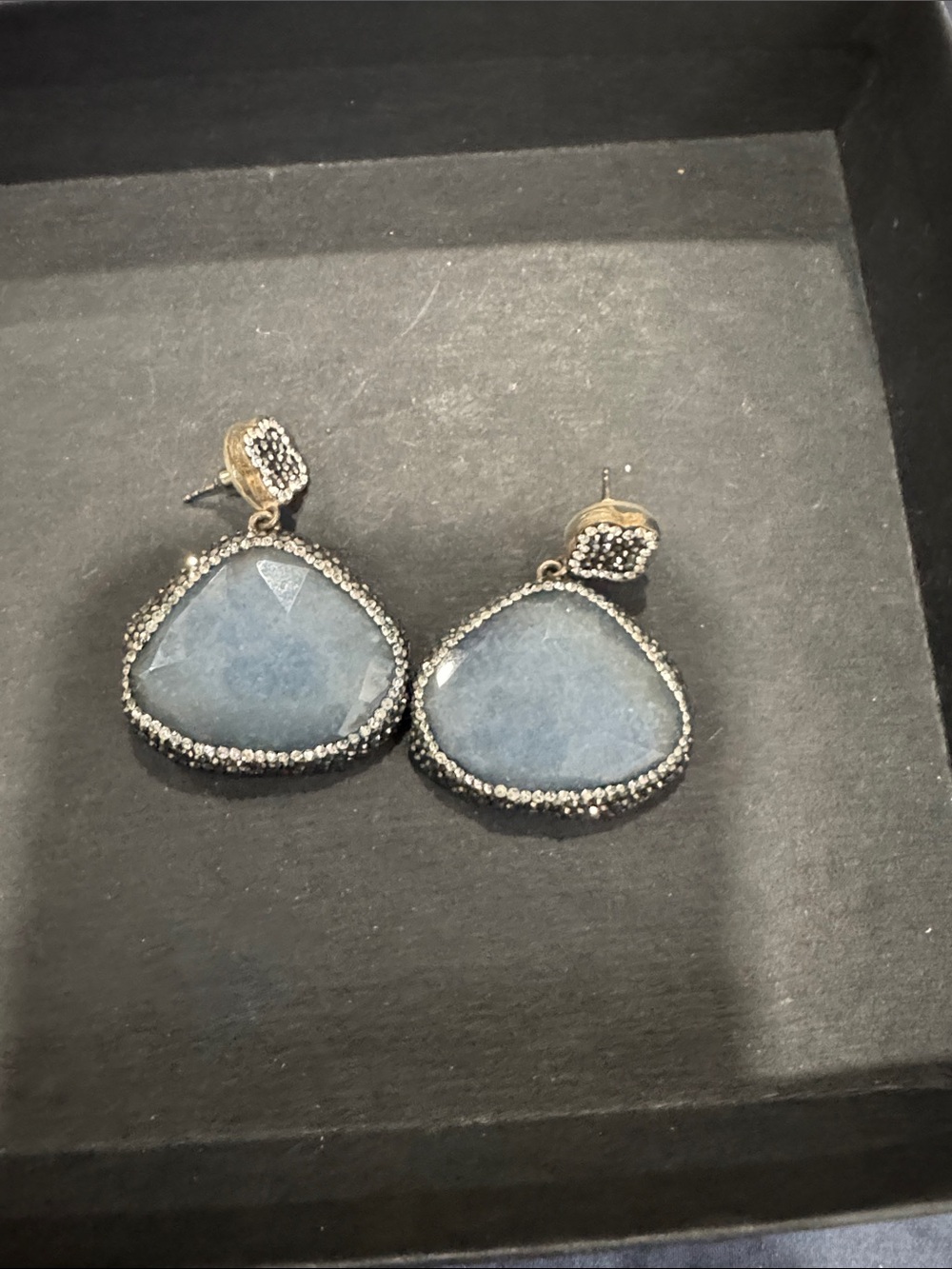 Blue Stone crystal Drop Earrings with Silver Accents